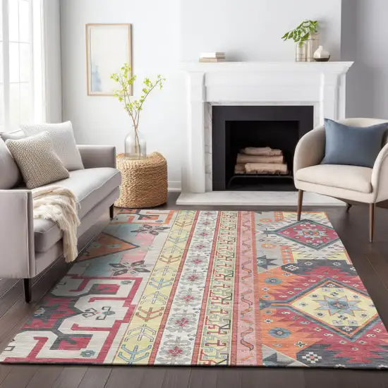Linen Pink And Yellow Aztec Washable Indoor Outdoor Area Rug Photo 9