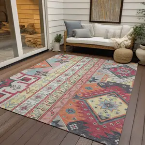 Photo of Linen Pink And Yellow Aztec Washable Indoor Outdoor Area Rug