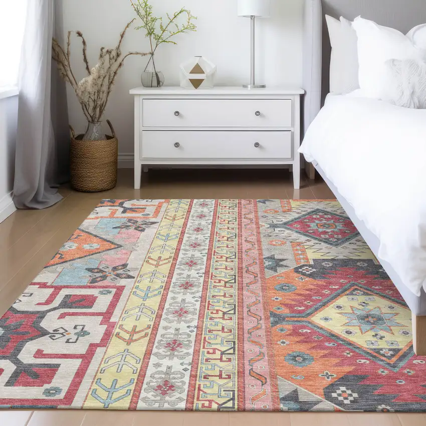 Linen Pink And Yellow Aztec Washable Indoor Outdoor Area Rug Photo 9