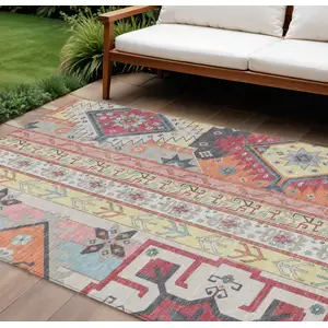 Photo of Linen Pink And Yellow Aztec Washable Indoor Outdoor Area Rug