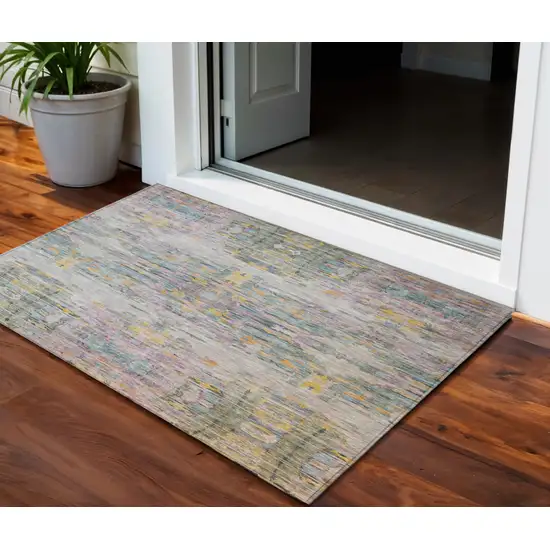 Linen Purple And Green Abstract Washable Indoor Outdoor Area Rug Photo 1