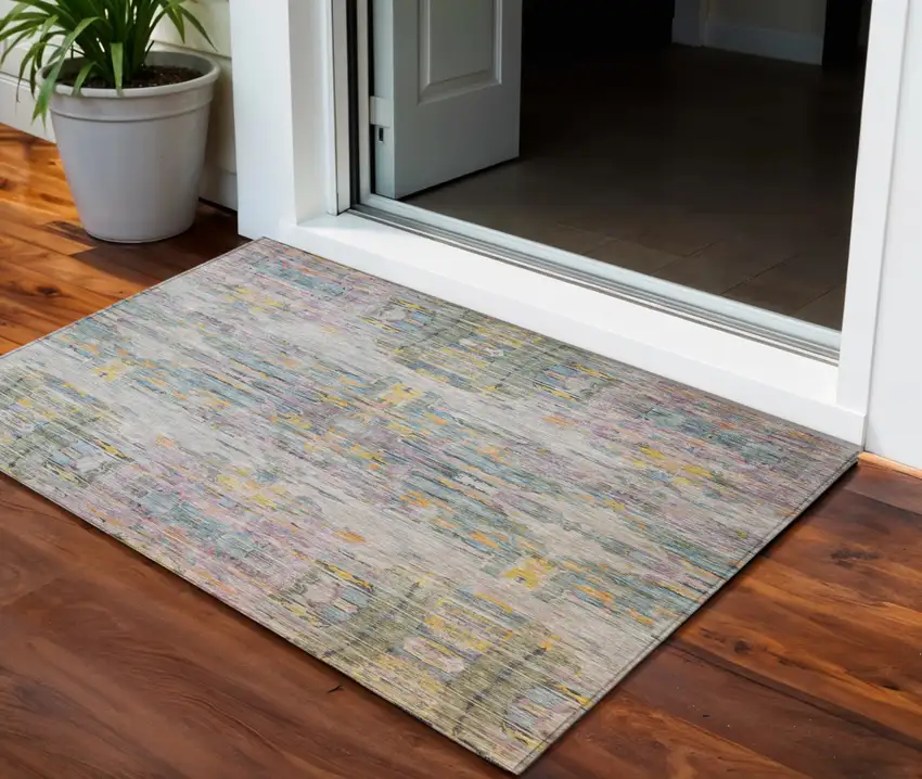 Linen Purple And Green Abstract Washable Indoor Outdoor Area Rug Photo 1