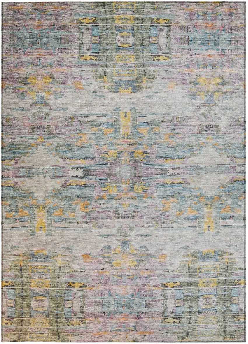 Linen Purple And Green Abstract Washable Indoor Outdoor Area Rug Photo 6