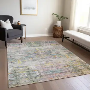 Photo of Linen Purple And Green Abstract Washable Indoor Outdoor Area Rug
