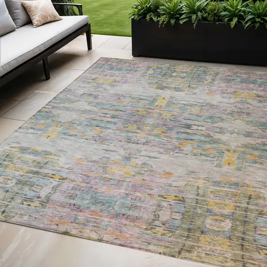 Linen Purple And Green Abstract Washable Indoor Outdoor Area Rug Photo 1