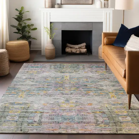 Linen Purple And Green Abstract Washable Indoor Outdoor Area Rug Photo 9