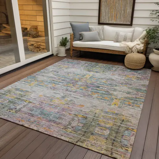 Linen Purple And Green Abstract Washable Indoor Outdoor Area Rug Photo 8