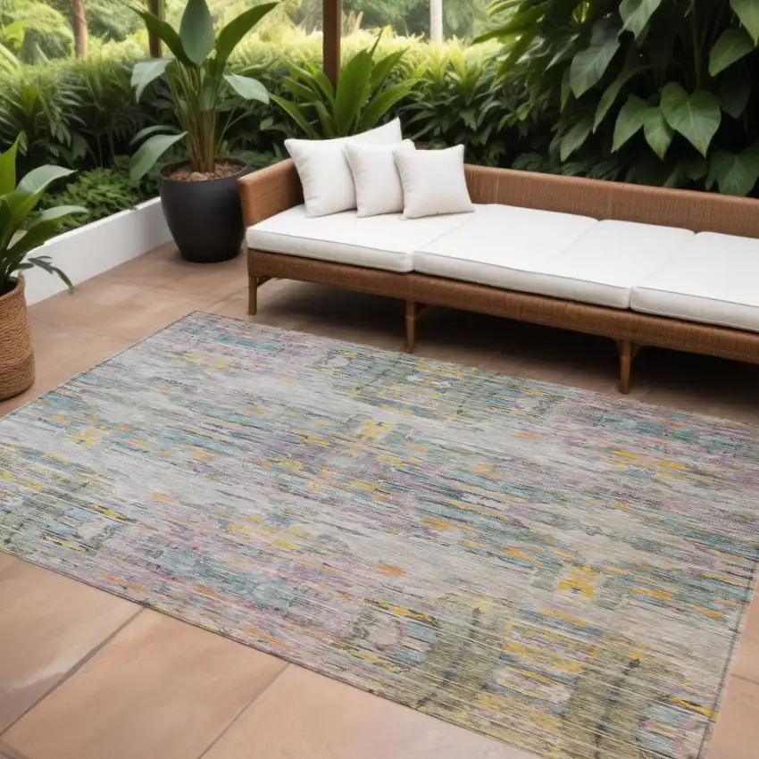 Linen Purple And Green Abstract Washable Indoor Outdoor Area Rug Photo 1