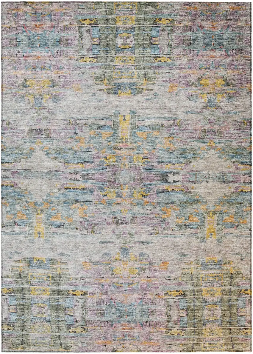 Linen Purple And Green Abstract Washable Indoor Outdoor Area Rug Photo 2