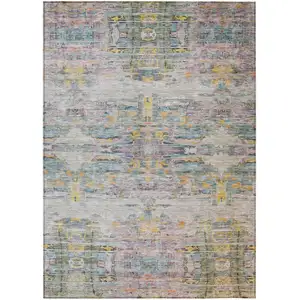 Photo of Linen Purple And Green Abstract Washable Indoor Outdoor Area Rug