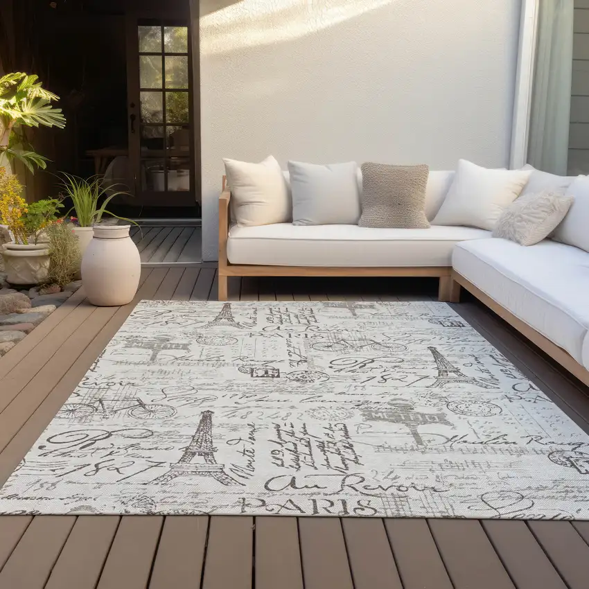 Linen Taupe And Ivory Toile Washable Indoor Outdoor Area Rug Photo 7