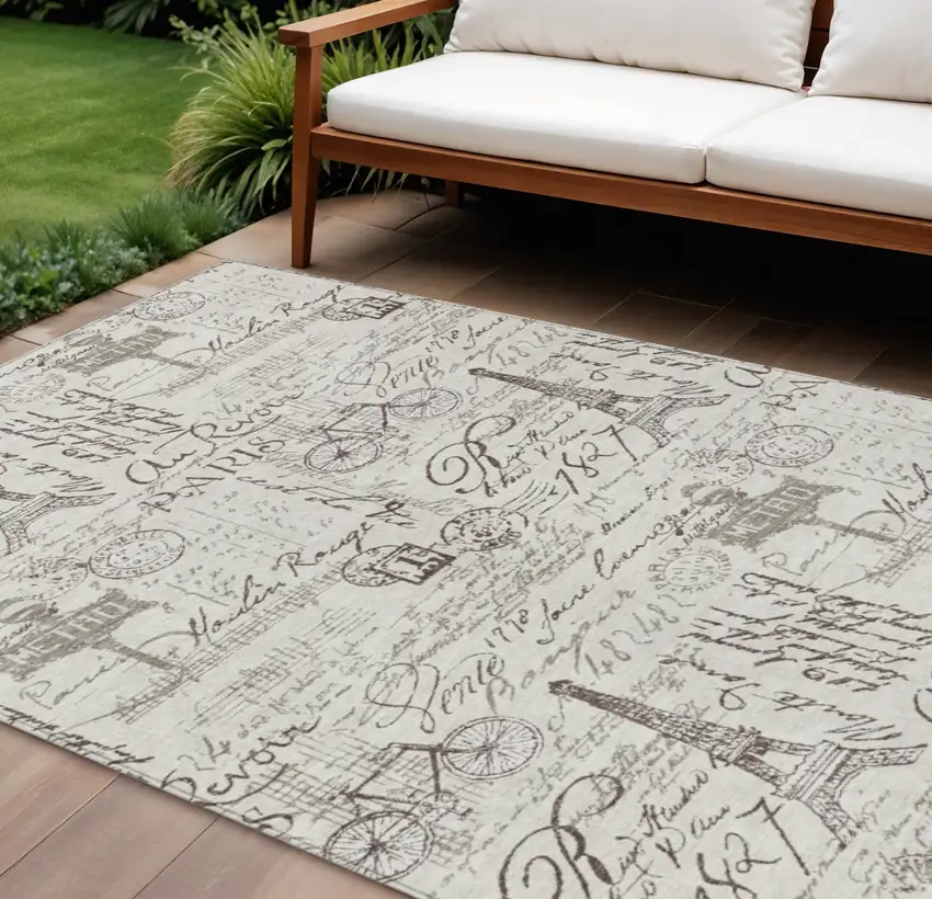 Linen Taupe And Ivory Toile Washable Indoor Outdoor Area Rug Photo 2