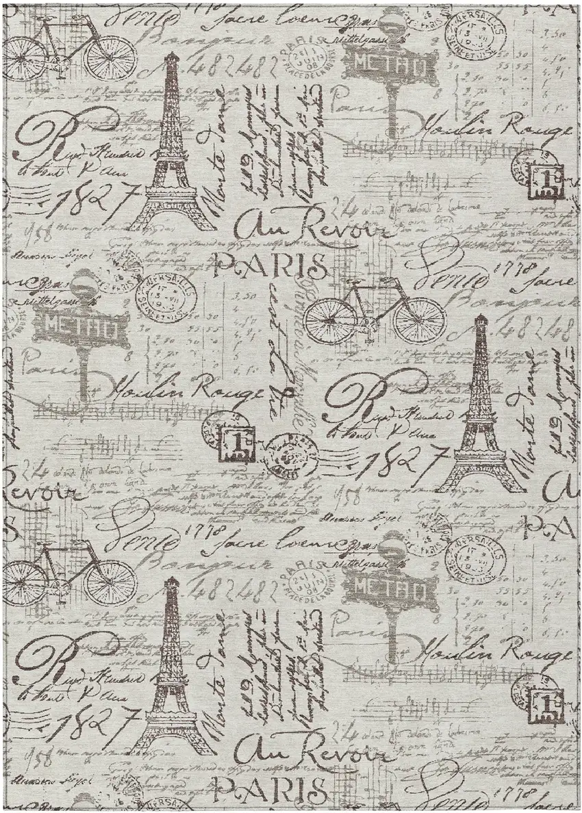 Linen Taupe And Ivory Toile Washable Indoor Outdoor Area Rug Photo 3