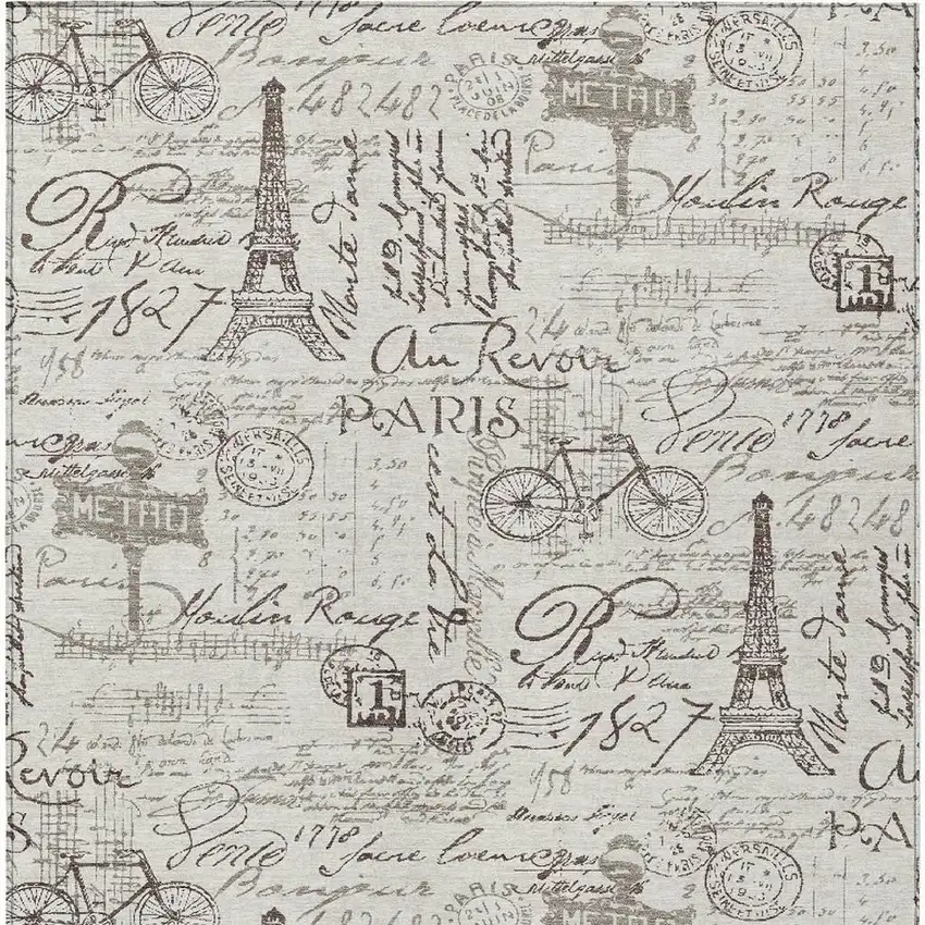 Linen Taupe And Ivory Toile Washable Indoor Outdoor Area Rug Photo 4