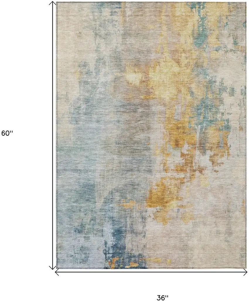 Linen Teal Blue And Copper Abstract Washable Indoor Outdoor Area Rug Photo 3