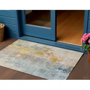 Photo of Linen Teal Blue And Copper Abstract Washable Indoor Outdoor Area Rug