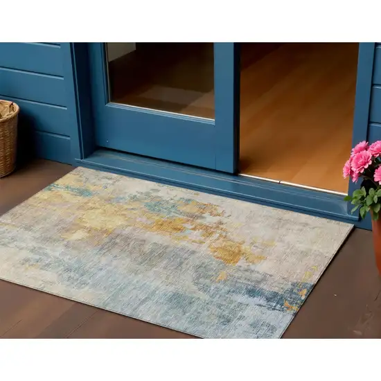 Linen Teal Blue And Copper Abstract Washable Indoor Outdoor Area Rug Photo 1