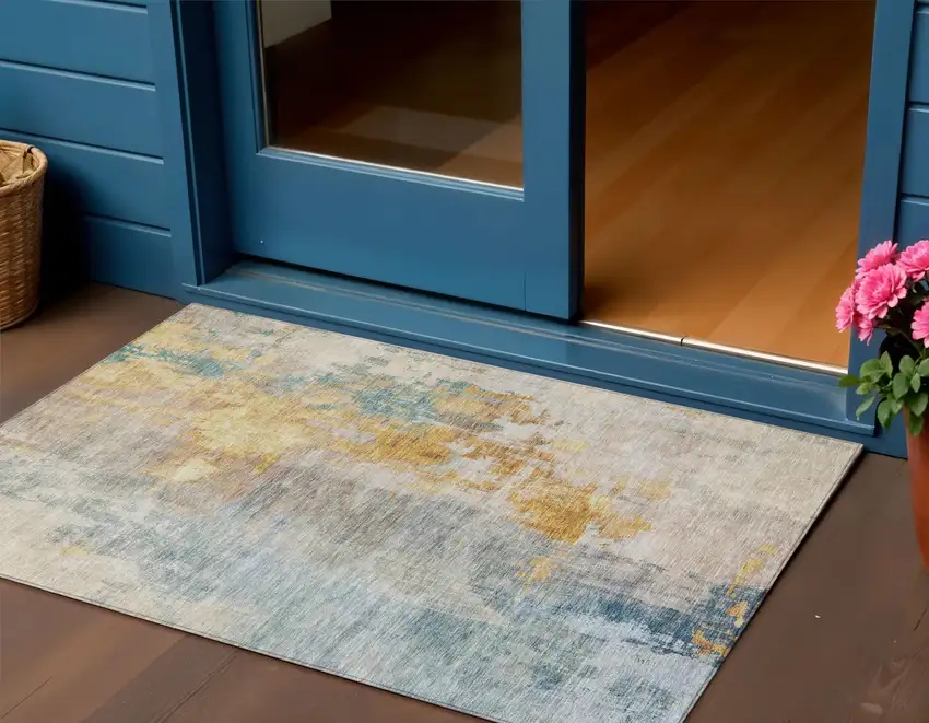 Linen Teal Blue And Copper Abstract Washable Indoor Outdoor Area Rug Photo 1
