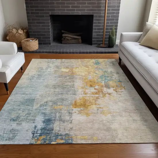 Linen Teal Blue And Copper Abstract Washable Indoor Outdoor Area Rug Photo 9