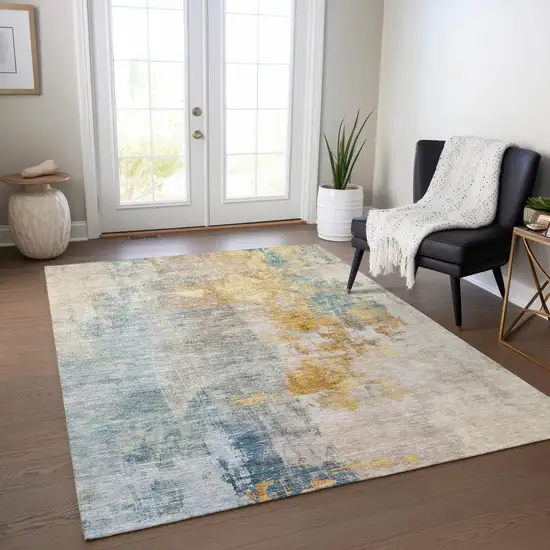 Linen Teal Blue And Copper Abstract Washable Indoor Outdoor Area Rug Photo 8
