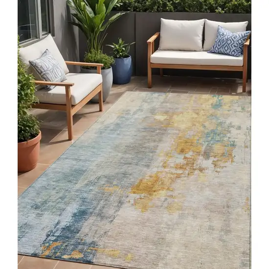 Linen Teal Blue And Copper Abstract Washable Indoor Outdoor Area Rug Photo 1
