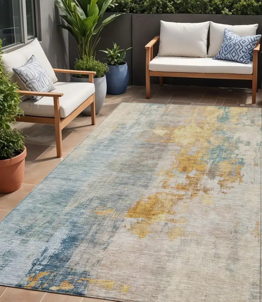 Linen Teal Blue And Copper Abstract Washable Indoor Outdoor Area Rug Photo 1