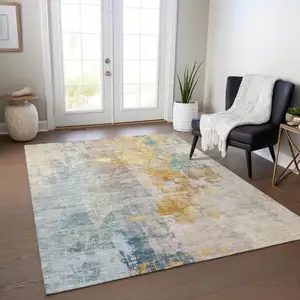Photo of Linen Teal Blue And Copper Abstract Washable Indoor Outdoor Area Rug