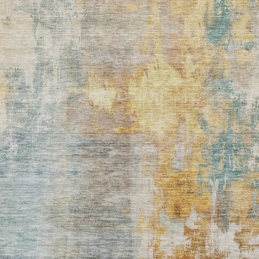 Linen Teal Blue And Copper Abstract Washable Indoor Outdoor Area Rug Photo 5