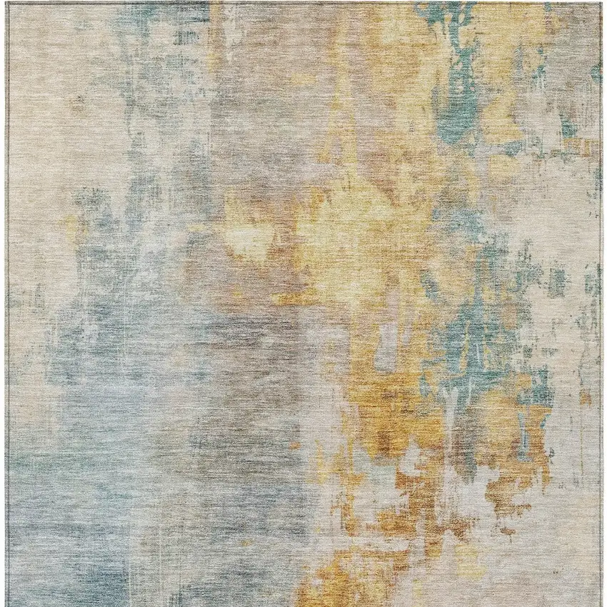 Linen Teal Blue And Copper Abstract Washable Indoor Outdoor Area Rug Photo 7