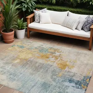 Photo of Linen Teal Blue And Copper Abstract Washable Indoor Outdoor Area Rug