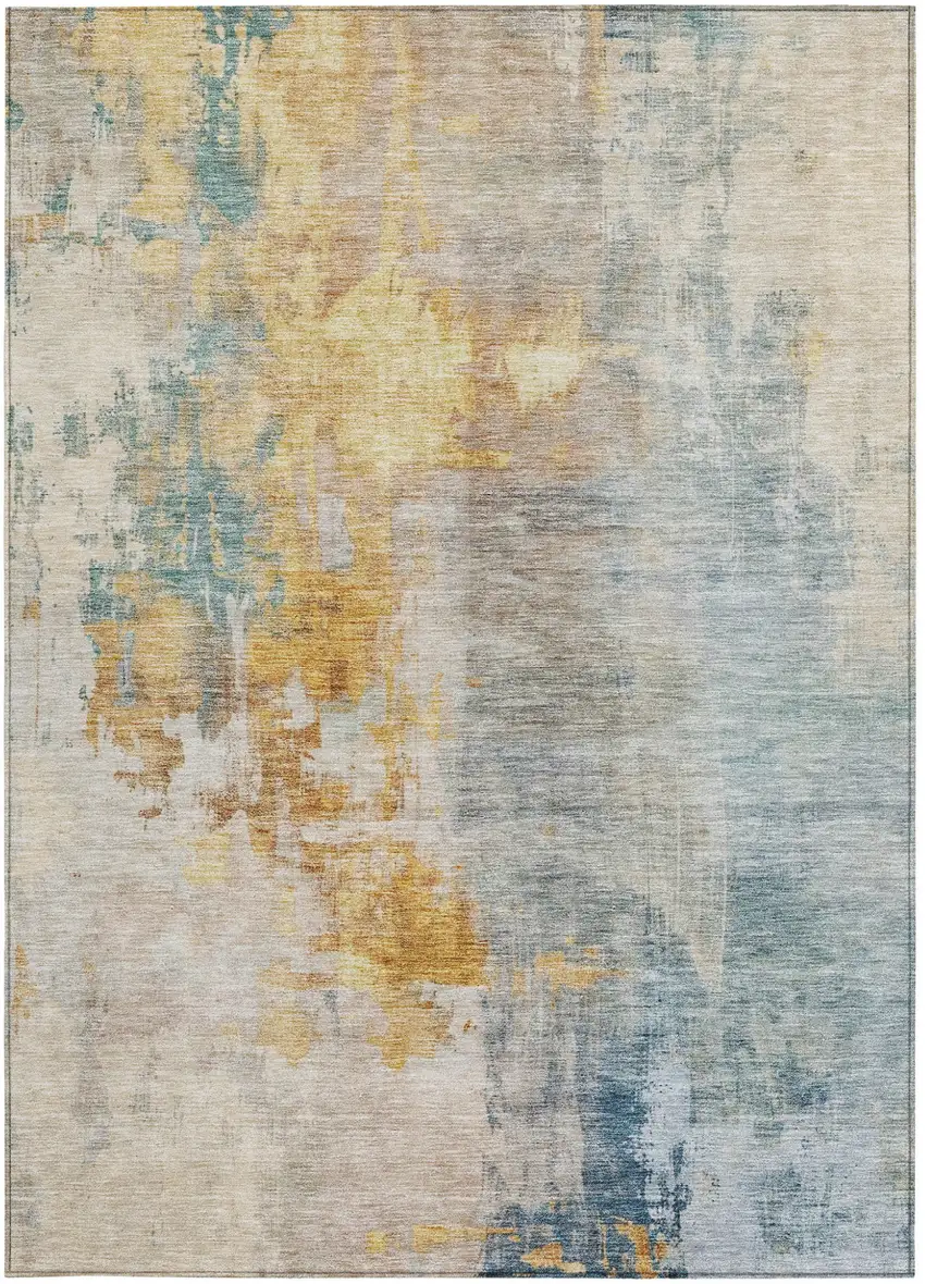 Linen Teal Blue And Copper Abstract Washable Indoor Outdoor Area Rug Photo 6