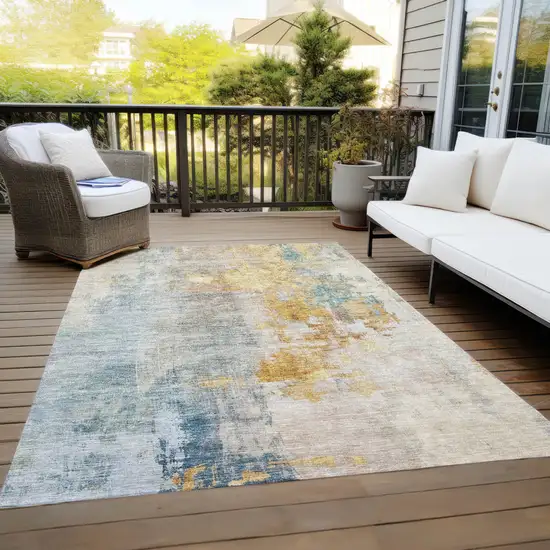 Linen Teal Blue And Copper Abstract Washable Indoor Outdoor Area Rug Photo 9