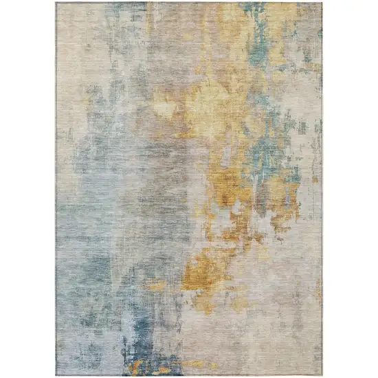 Linen Teal Blue And Copper Abstract Washable Indoor Outdoor Area Rug Photo 2