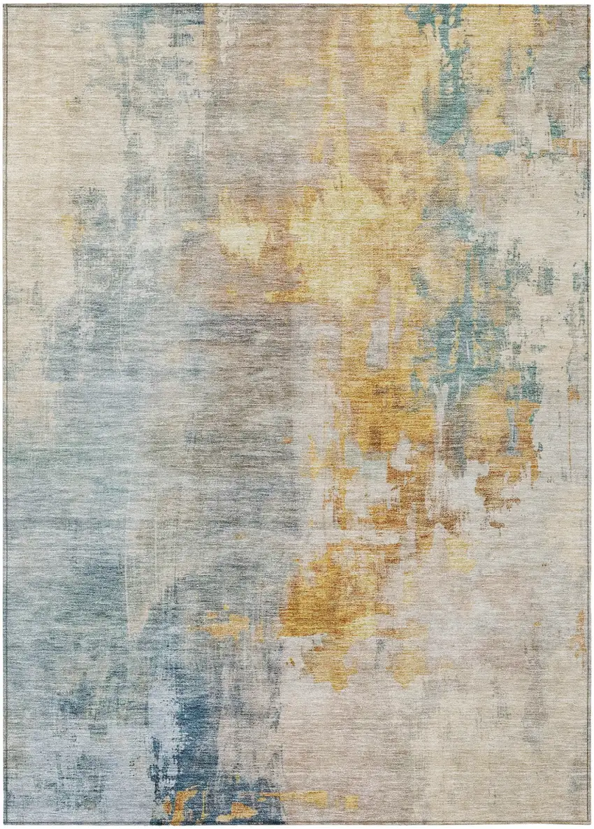 Linen Teal Blue And Copper Abstract Washable Indoor Outdoor Area Rug Photo 2