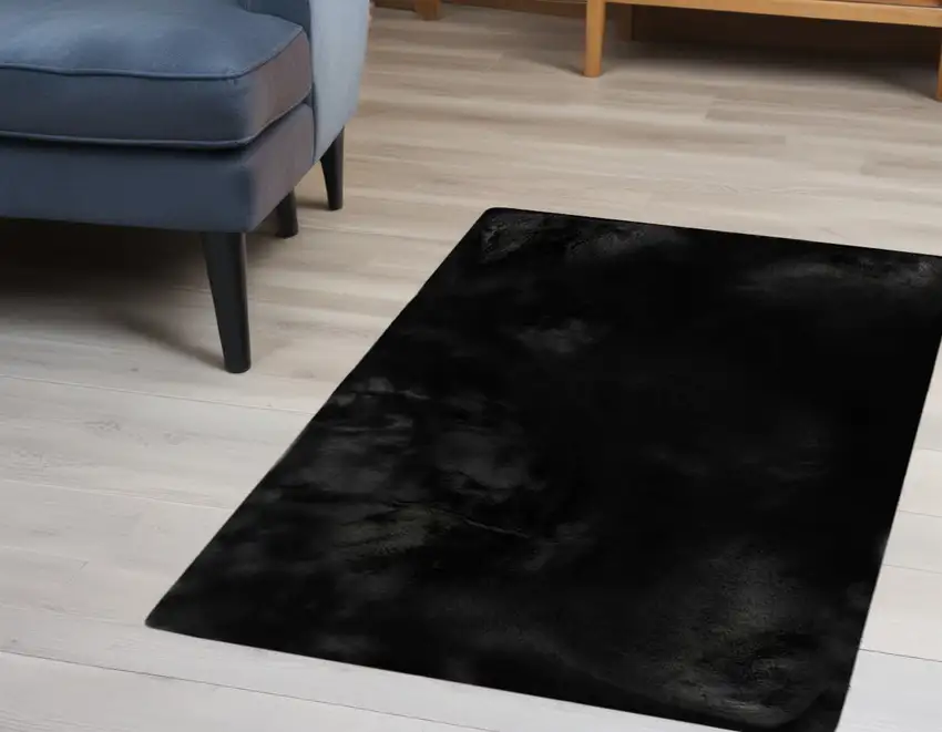 Luxe Faux Rabbit Fur Rectangular Rug    - Black Photo 1