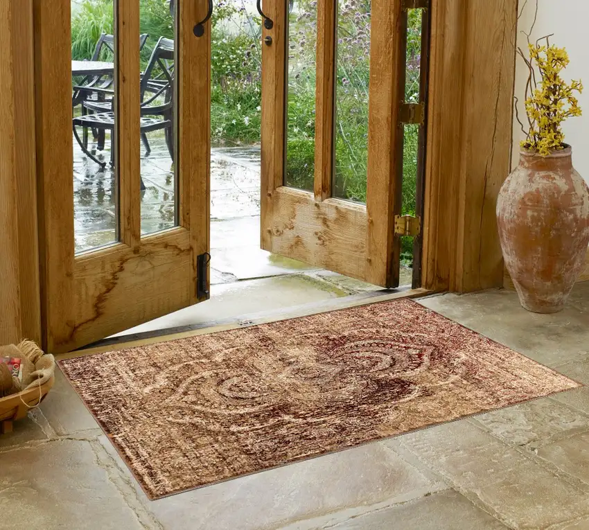 Maroon And Gold Abstract Power Loom Distressed Stain Resistant Area Rug Photo 1