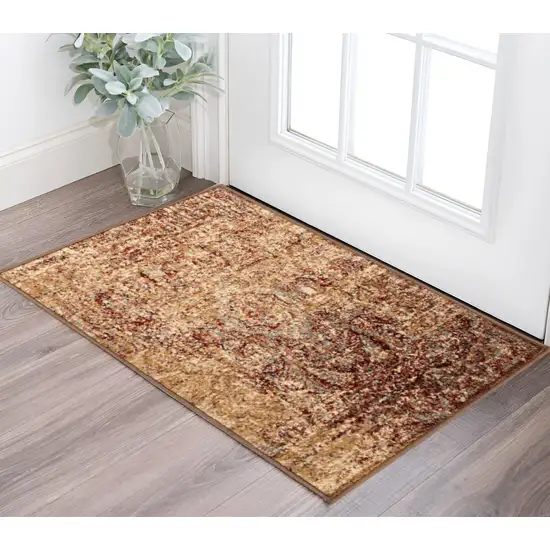 Maroon And Gold Abstract Power Loom Distressed Stain Resistant Area Rug Photo 1