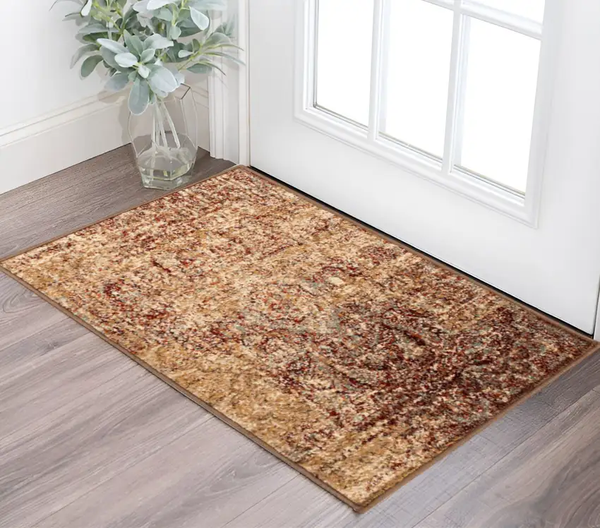 Maroon And Gold Abstract Power Loom Distressed Stain Resistant Area Rug Photo 1