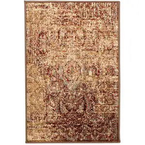Photo of Maroon And Gold Abstract Power Loom Distressed Stain Resistant Area Rug