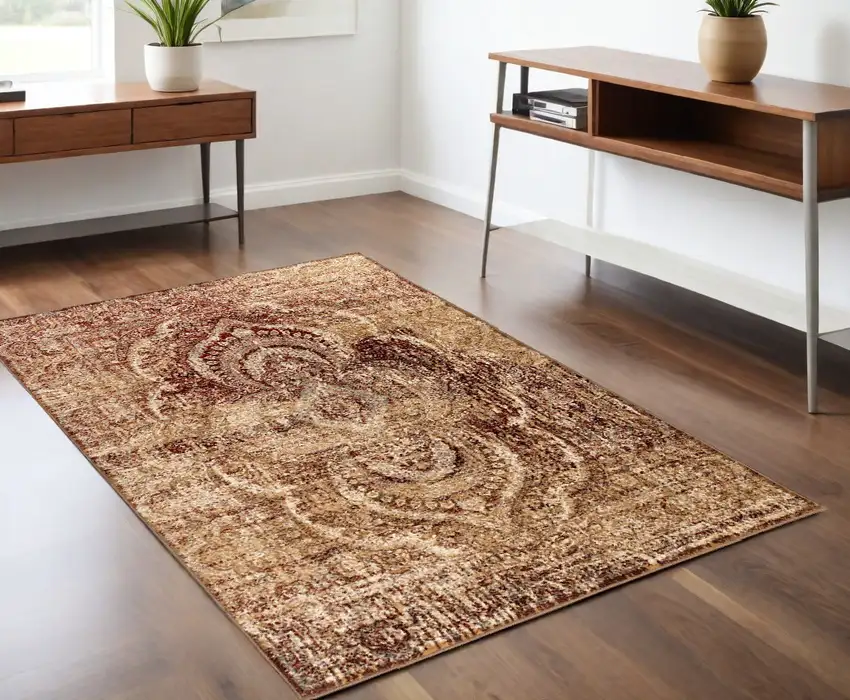 Maroon And Gold Abstract Power Loom Distressed Stain Resistant Area Rug Photo 1