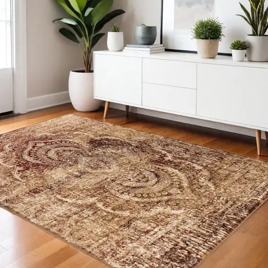 Maroon And Gold Abstract Distressed Area Rug Photo 1