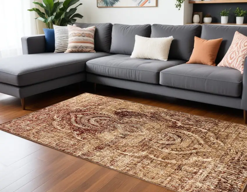 Maroon And Gold Abstract Power Loom Distressed Stain Resistant Area Rug Photo 1