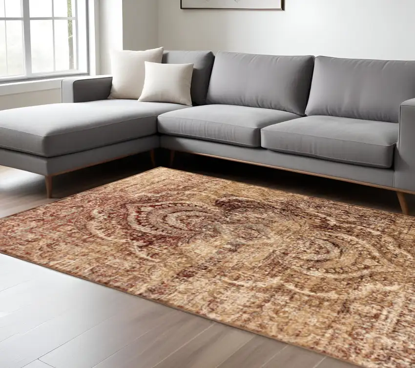 Gold And Maroon Abstract Distressed Area Rug Photo 1