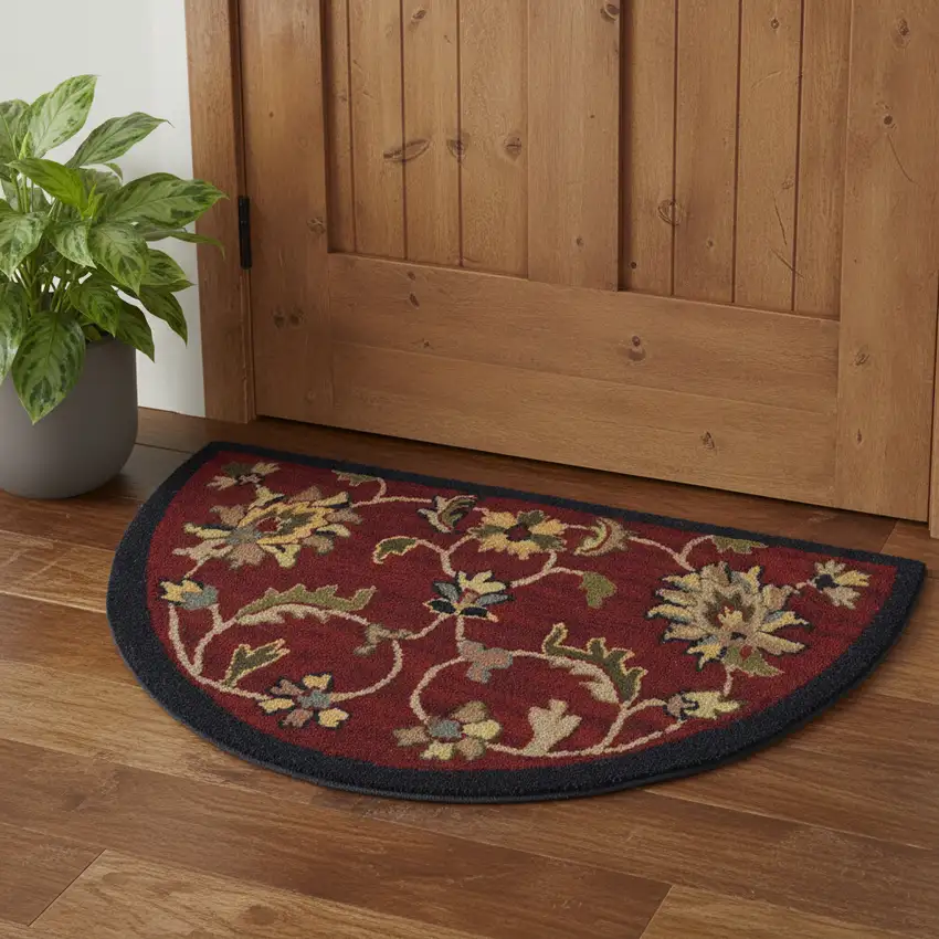 Maroon And Navy Blue Wool Geometric Hand Woven Half Circle Rug Photo 1