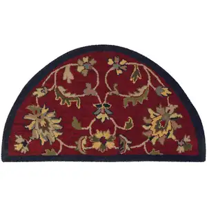 Photo of Maroon And Navy Blue Wool Geometric Hand Woven Half Circle Rug