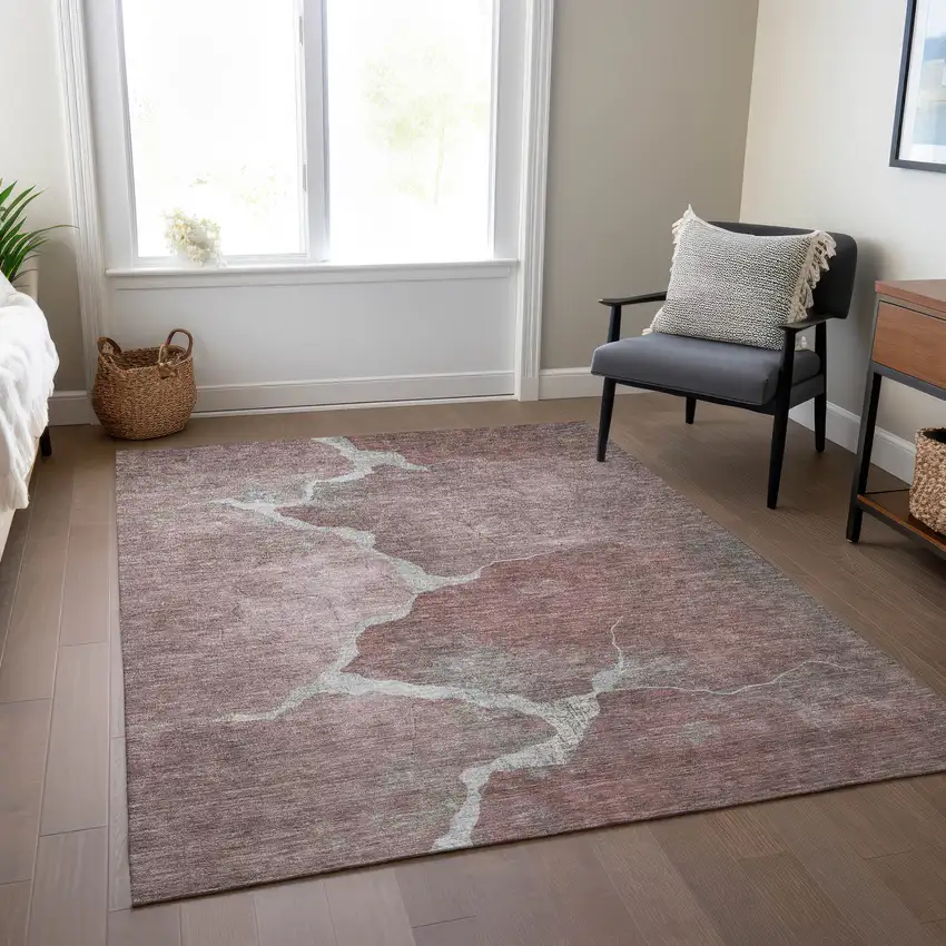 Mauve And Beige Abstract Washable Indoor Outdoor Area Rug Photo 7