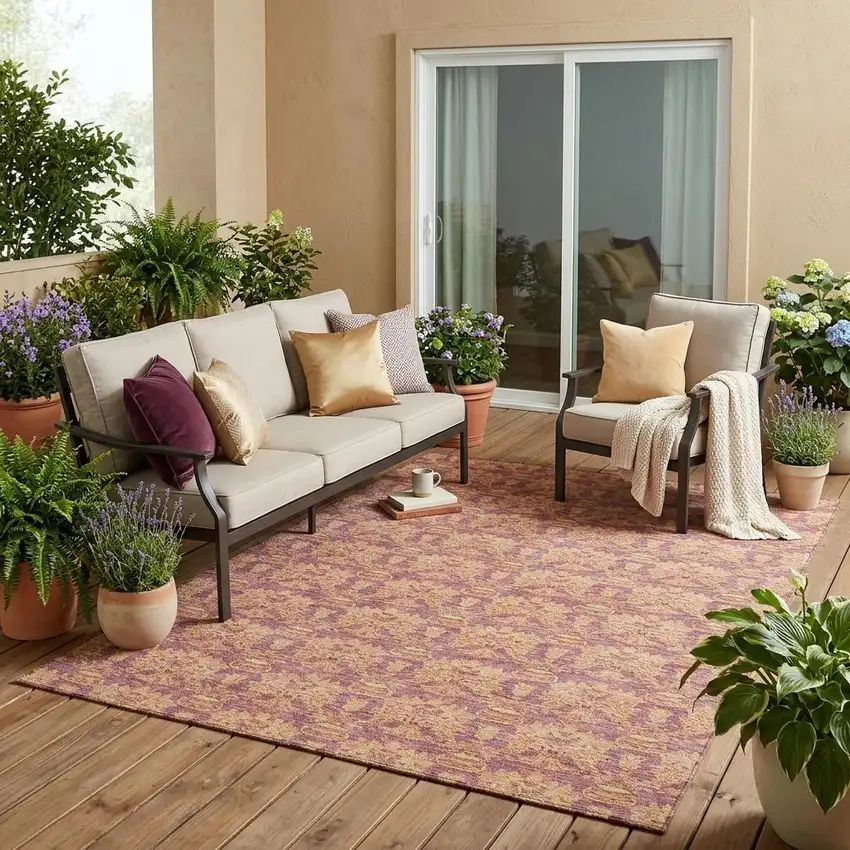 Mauve And Taupe Floral Washable Indoor Outdoor Area Rug Photo 1
