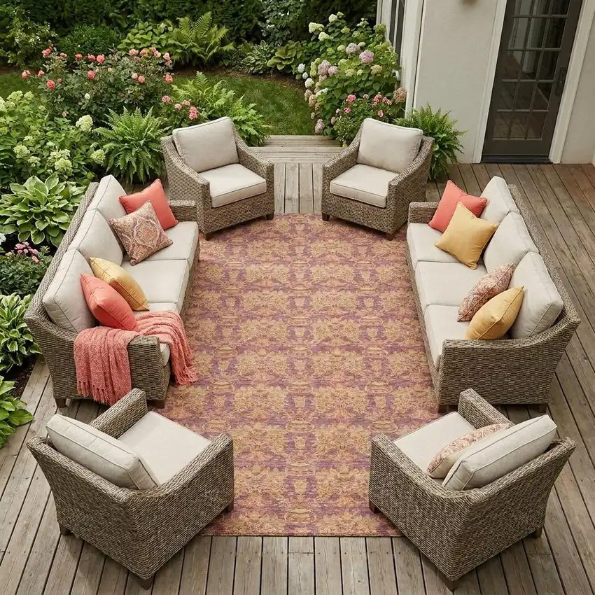 Mauve And Taupe Floral Washable Indoor Outdoor Area Rug Photo 1