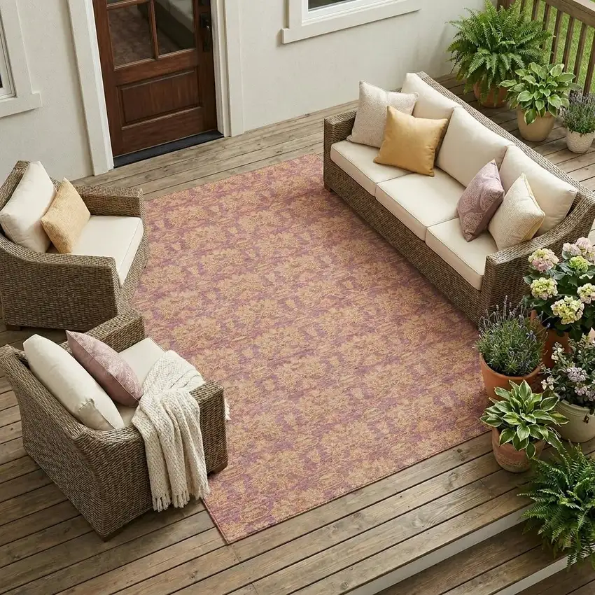 Mauve And Taupe Floral Washable Indoor Outdoor Area Rug Photo 1