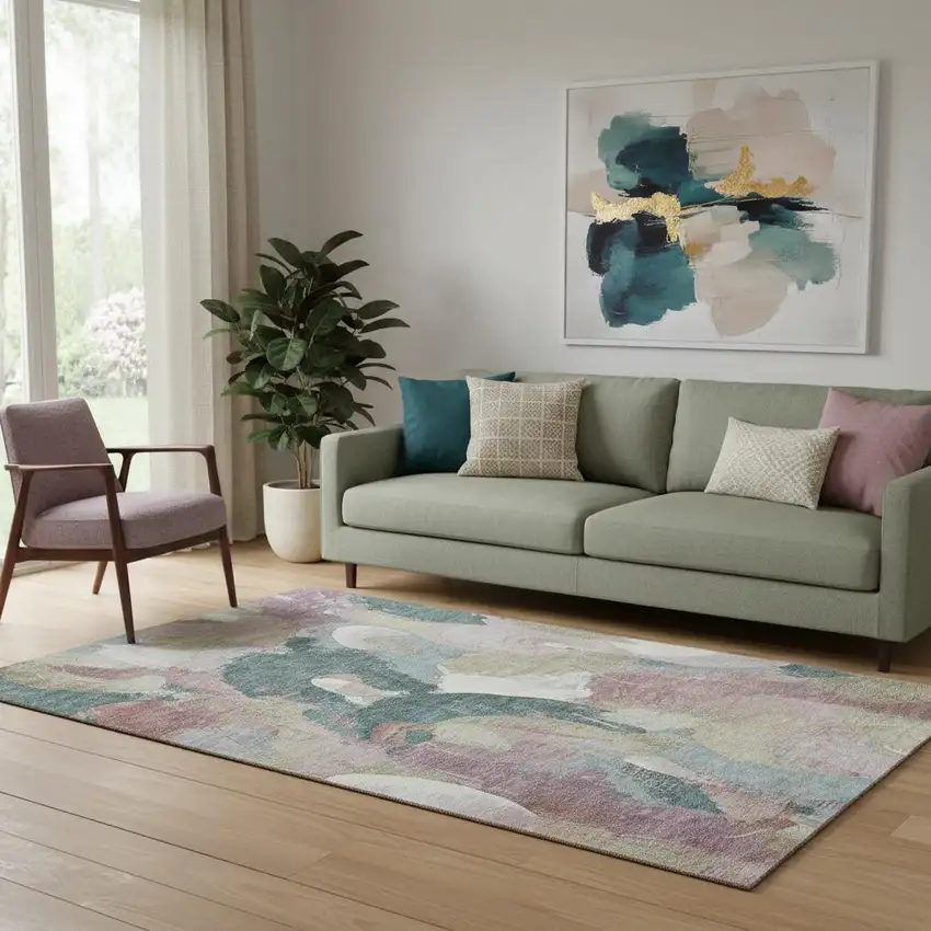 Mauve Beige And Blush Abstract Washable Area Rug With UV Protection Photo 2